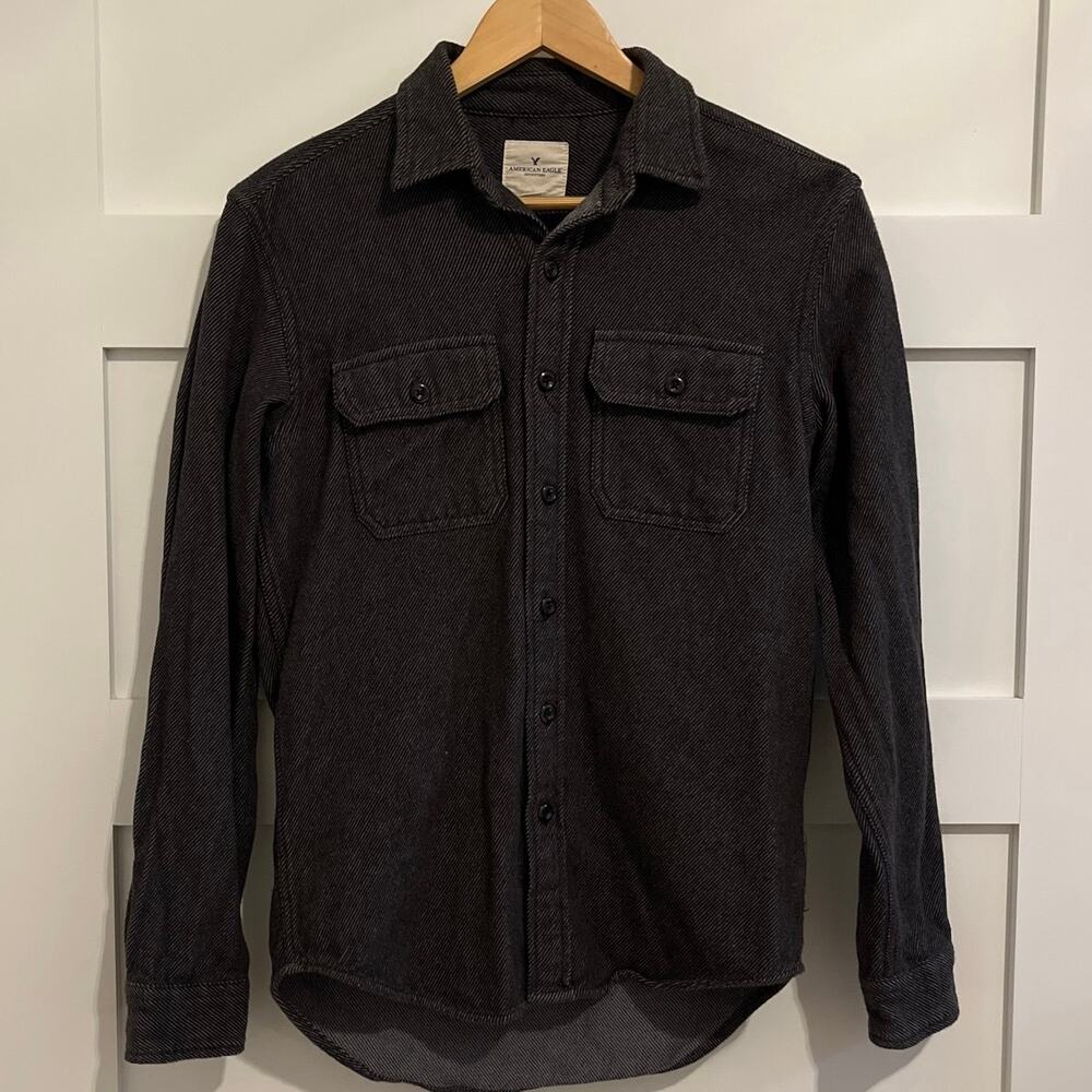 American Eagle Mens Black Gray Tweed Button Down Shirt Cotton Size XS